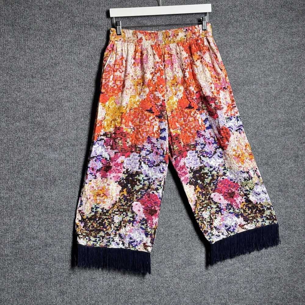 Kirstin Lamb Anthropologie M Fringed Pajama Pants Floral Wide Leg Artist Boho